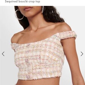 Self-Portrait Sequin Bouclé Off-Shoulder Crop Top